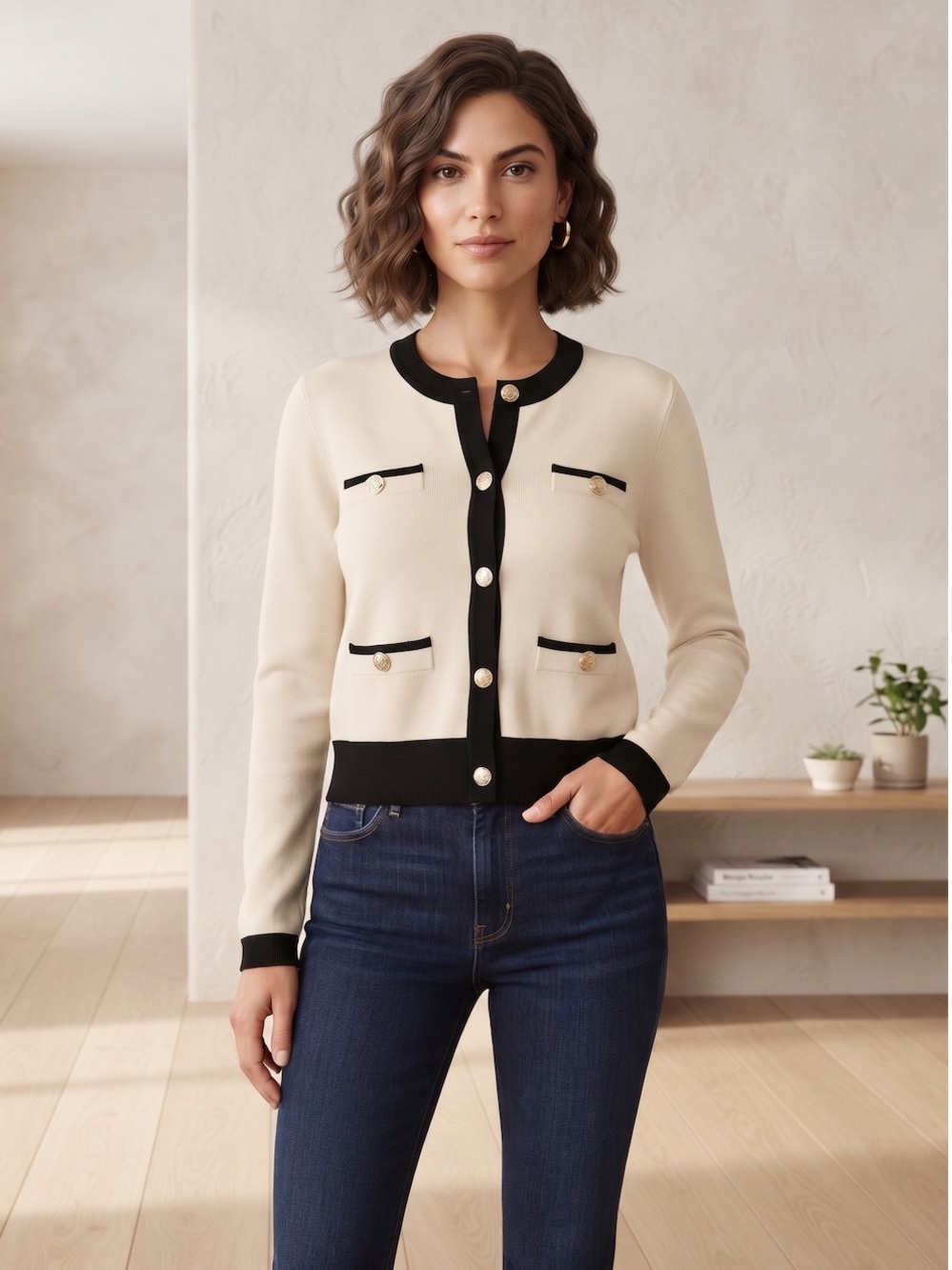 NWT Karl Lagerfeld Paris Cream & Black Contrast Trim Knit Cardigan- M- MSRP $129